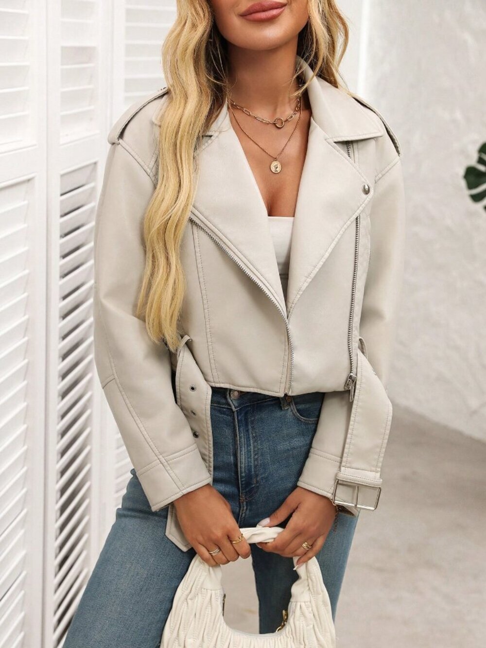 New Casual Women's Minimalist Zip-Up faux leather moto Short Jacket